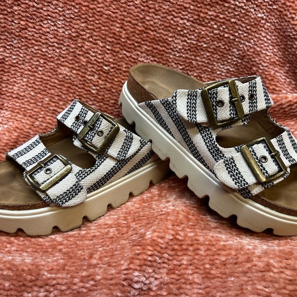 Woven Double-Buckle Platform Sandals in Cream and Black